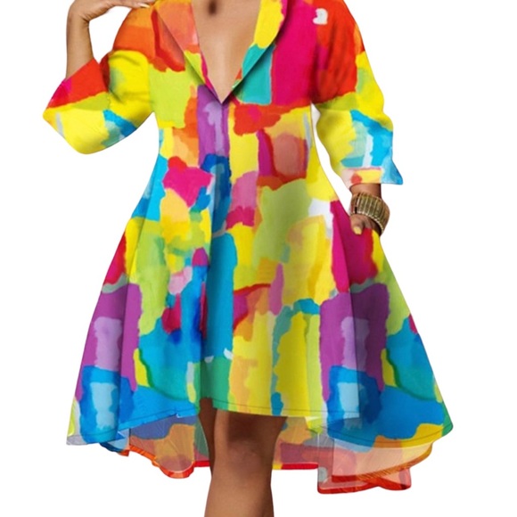 Plus Size Melting Colors All-over Print Flowy Shirt Dress - Picture 3 of 7